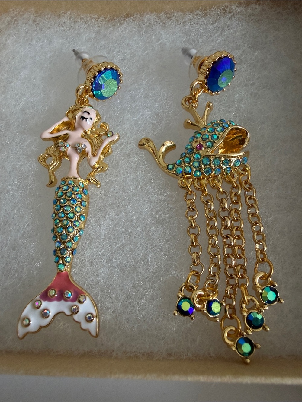 Gold-Tone Turquoise Mermaid & Whale Asymmetrical Dangle Earrings
